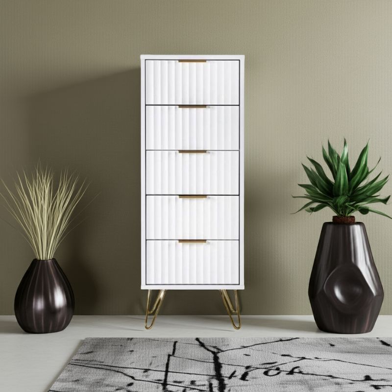 Tall white cabinet with gold legs in a room with decorative plants and a rug.