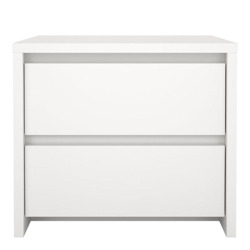 White nightstand with two drawers on a white background