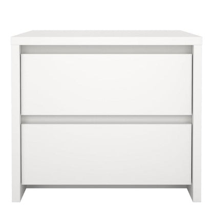 White nightstand with two drawers on a white background