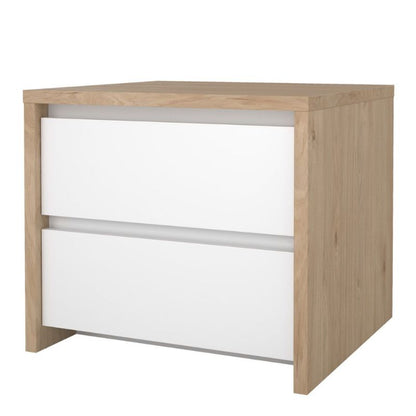 Wooden nightstand with two white drawers on a white background