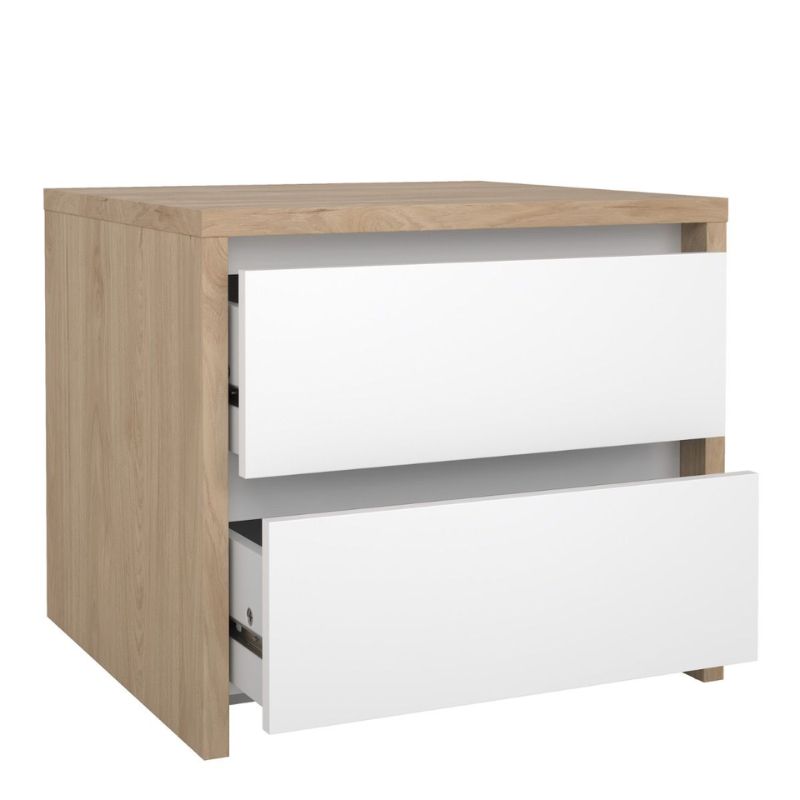 Wooden nightstand with two drawers, one open and one closed, on a white background
