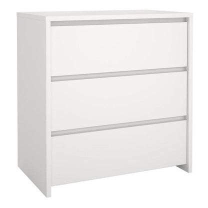 White dresser with three drawers on a white background