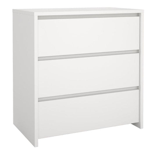 White dresser with three drawers on a white background