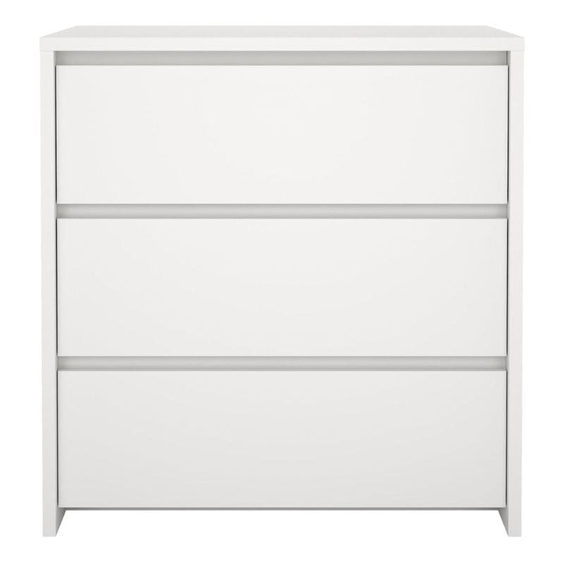 White dresser with three drawers on a white background