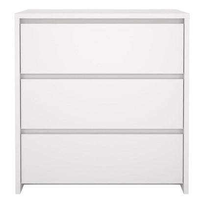 White dresser with three drawers on a white background