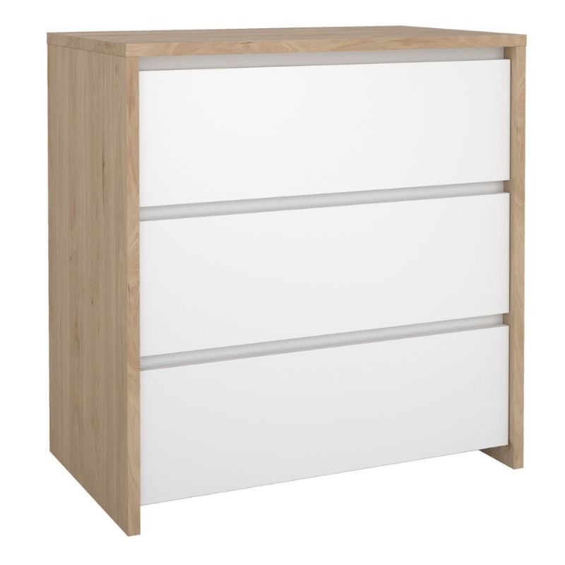 Wooden dresser with white drawers on a white background
