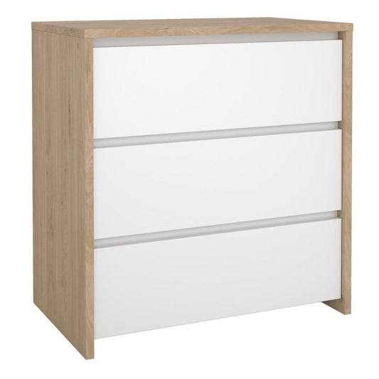 Wooden dresser with white drawers on a white background