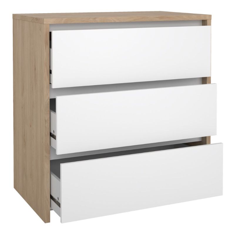 Wooden dresser with white drawers on a white background