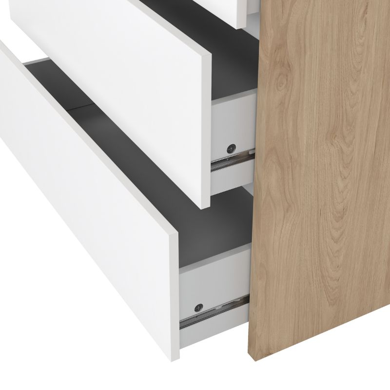 Wooden dresser with white drawers on a white background