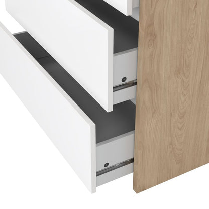 Wooden dresser with white drawers on a white background