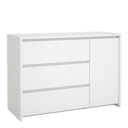 White dresser with three drawers on a white background