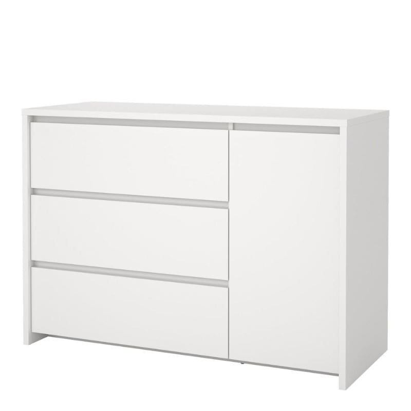 White dresser with three drawers on a white background