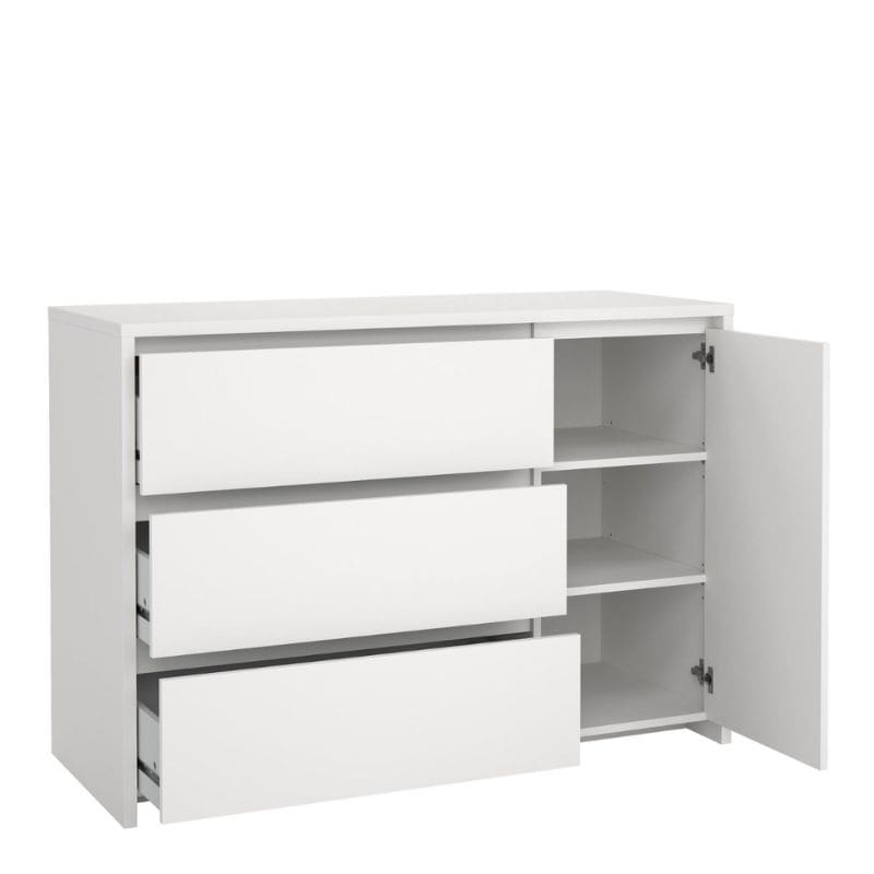 White dresser with two drawers and an open door on a white background