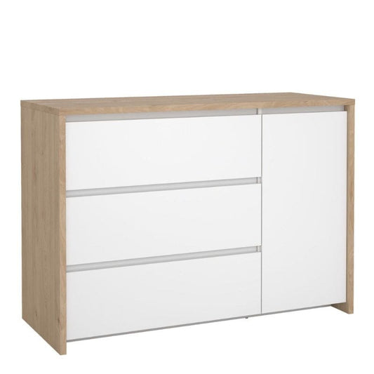 Wooden cabinet with white doors and drawers on a white background