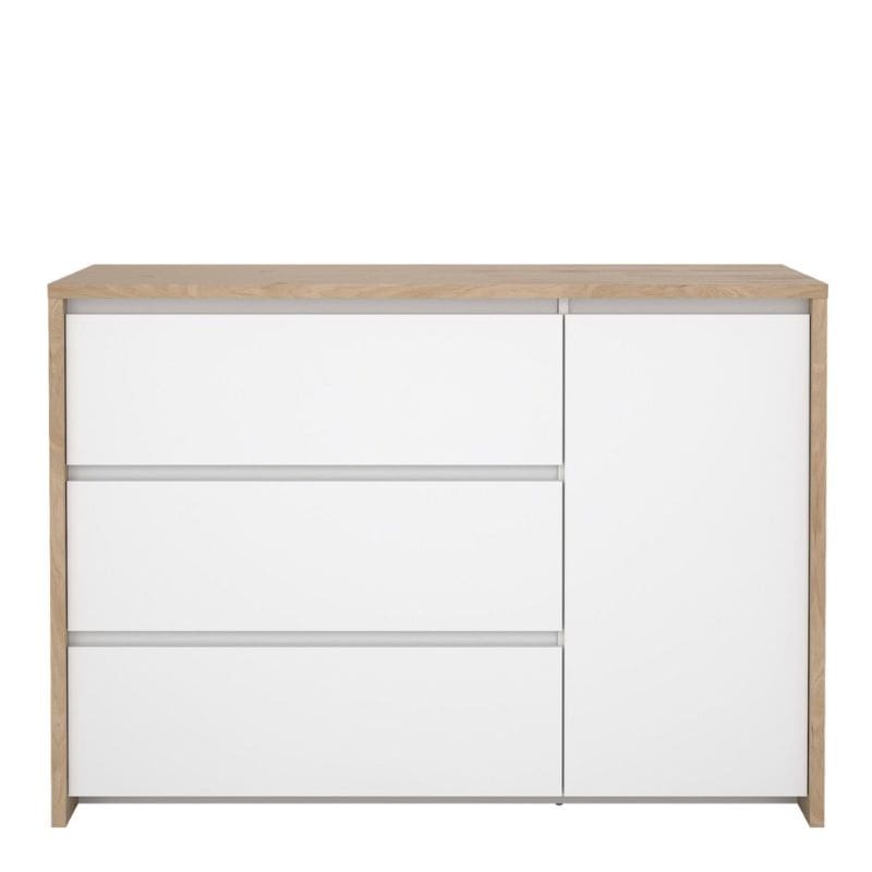 Wooden sideboard with white doors on a white background