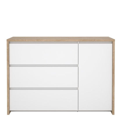 Wooden sideboard with white doors on a white background
