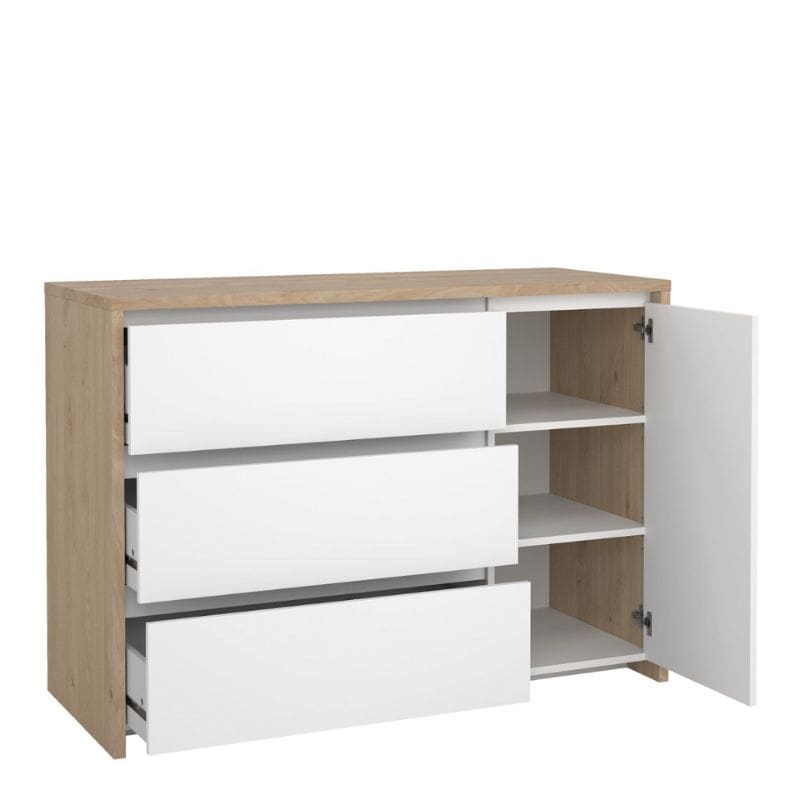 Wooden cabinet with white drawers and open door on a white background