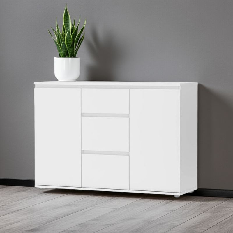 White cabinet with a potted plant on a gray wall background