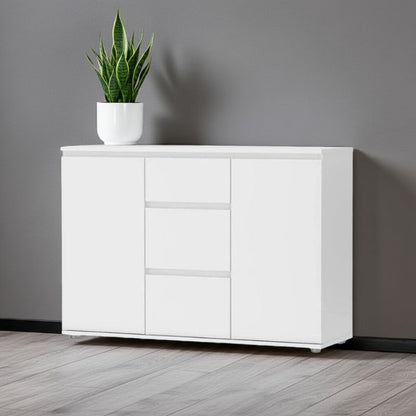 White cabinet with a potted plant on a gray wall background