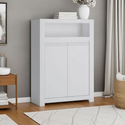 White cabinet in a room with gray walls, wooden floor, and decorative items.