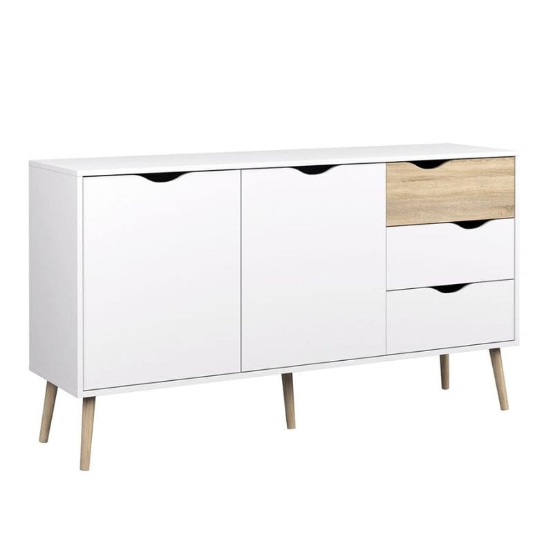 Oslo White & Oak Large Sideboard w/ 3 Drawers & 2 Doors - White Tree Furniture