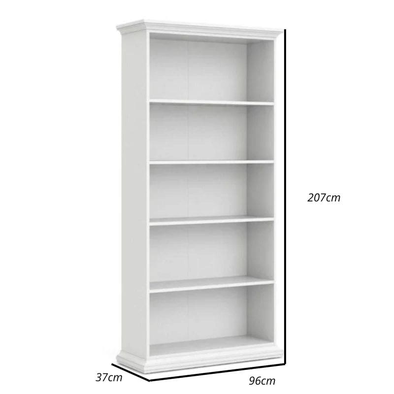 White bookshelf with dimensions on a white background