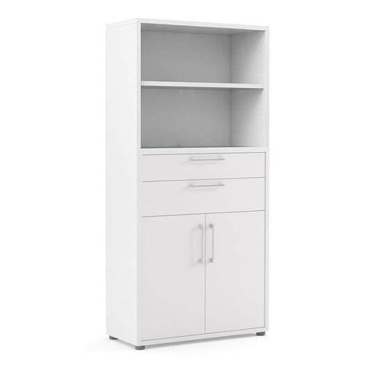 White storage bookcase with a door and drawer on a white background