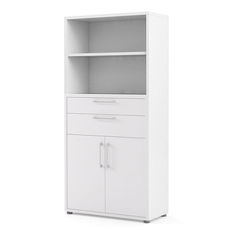 White storage bookcase with a door and two drawers on a white background
