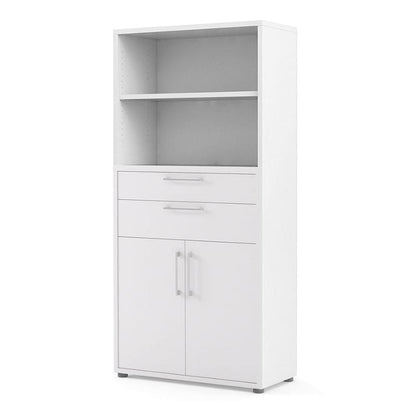 White storage bookcase with a door and two drawers on a white background