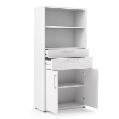 White storage bookcase with a door and two drawers on a white background