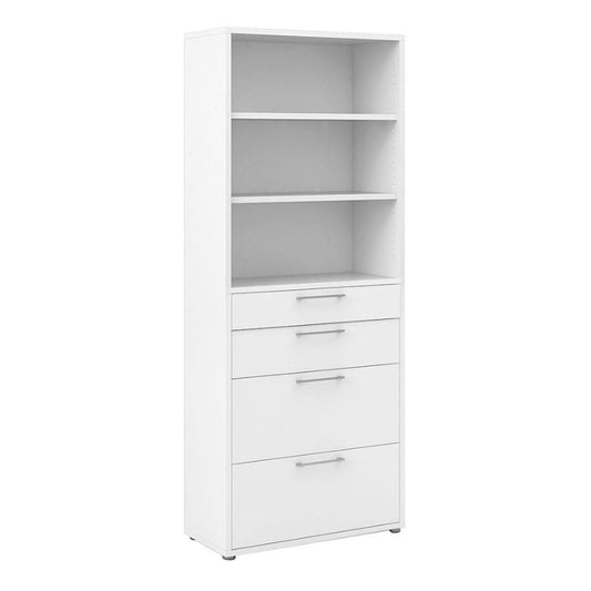 White bookshelf with 4 drawers on a white background