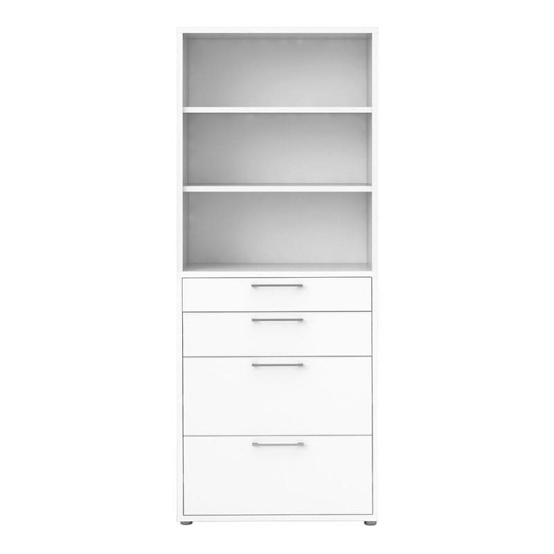White bookshelf with 4 drawers on a white background