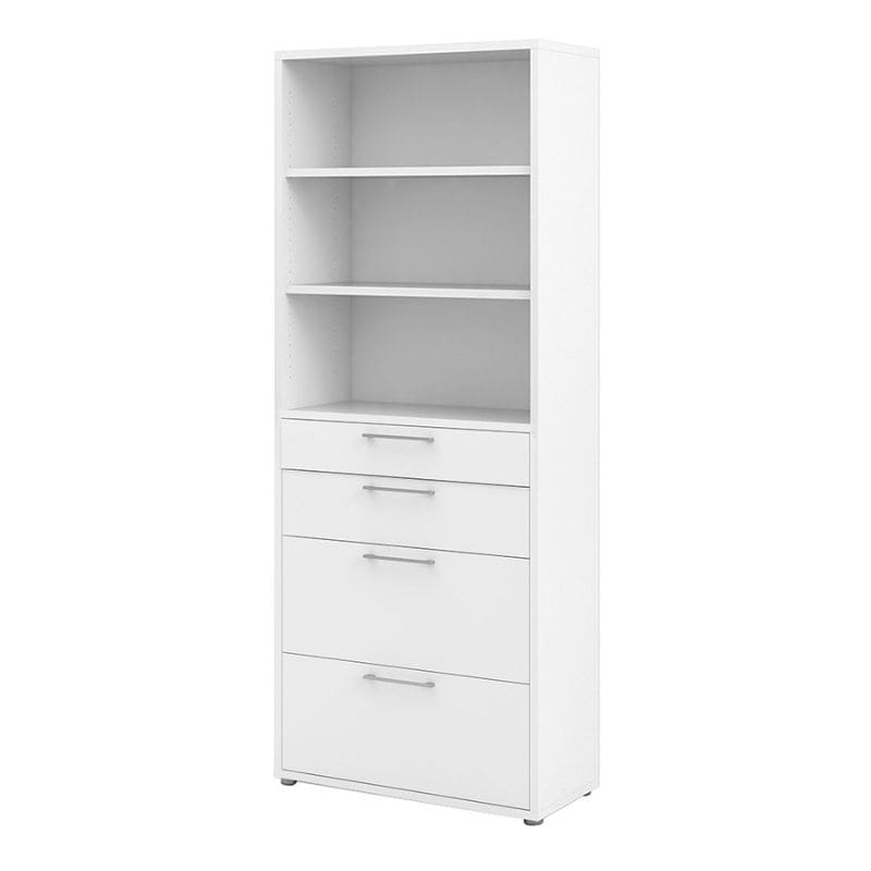 White bookshelf with multiple shelves and drawers on a white background