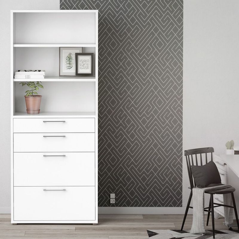 White bookshelf with drawers against a geometric-patterned wall.