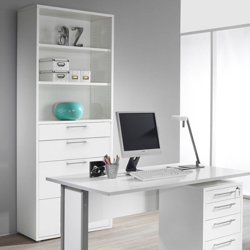 Modern office setup with a white desk, computer monitor, and white bookshelves.