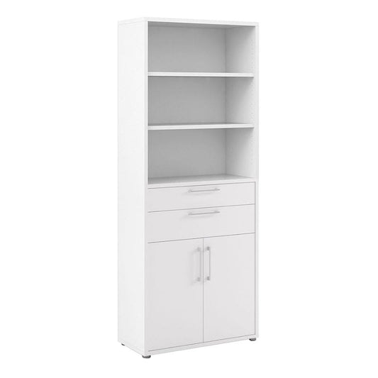 white bookcase with 2 drawers, 2 book shelves, 2 doors and internal cupboard