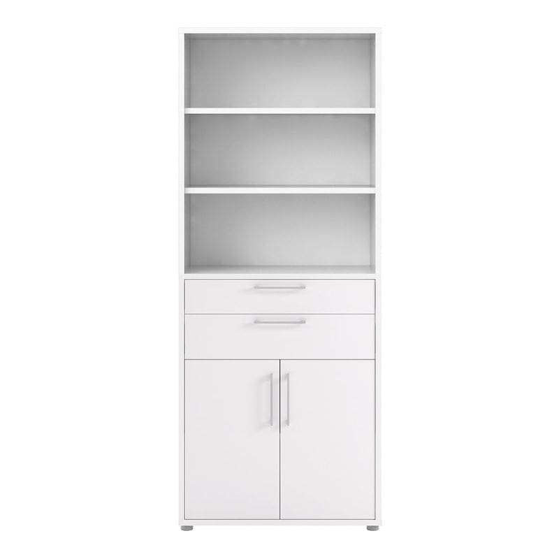 white bookcase with 2 drawers, 2 book shelves, 2 doors and internal cupboard