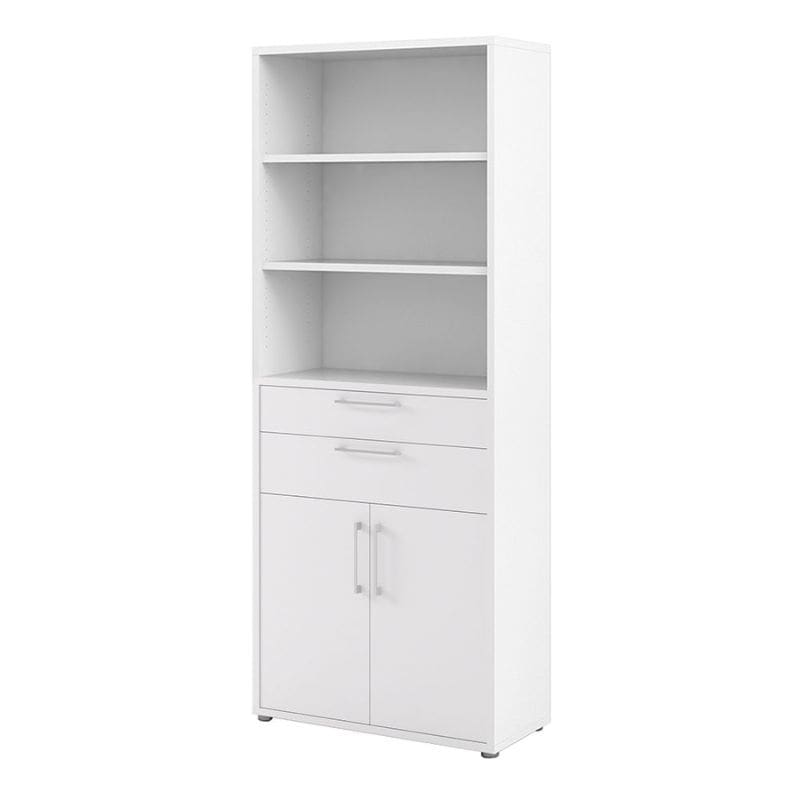 White storage cabinet with shelves and drawers on a white background