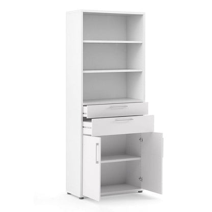 White storage cabinet with shelves and a door on a white background