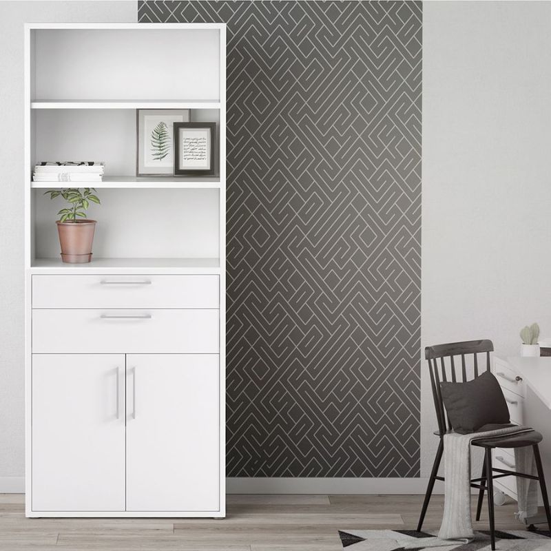 white bookcase with 2 drawers, 2 book shelves, 2 doors and internal cupboard