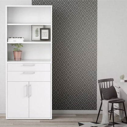 white bookcase with 2 drawers, 2 book shelves, 2 doors and internal cupboard