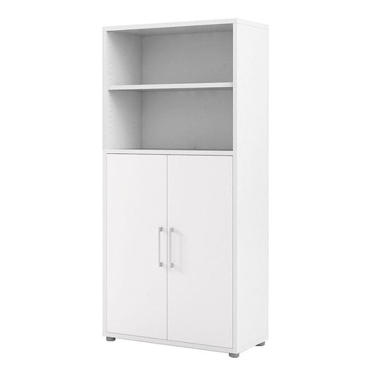 White storage bookcase with cupboard and doors.