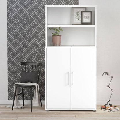 White storage bookcase with cupboard and doors.