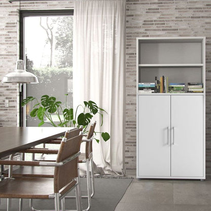 White storage bookcase with cupboard and doors.