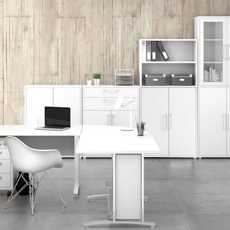 Modern office setup with white furniture, desk, chair, and white bookshelves against a wooden wall.