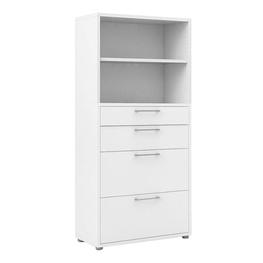 White bookcase cabinet with three drawers on a white background