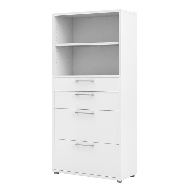 White cabinet with three drawers and book shelves.