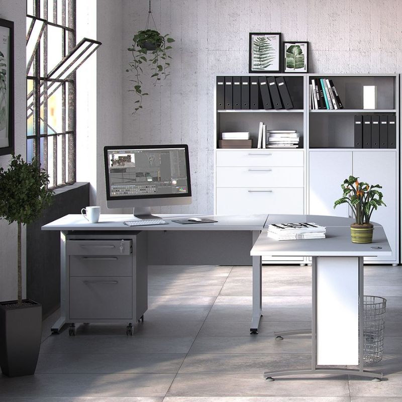 Modern office setup with a desk, computer, and shelves.