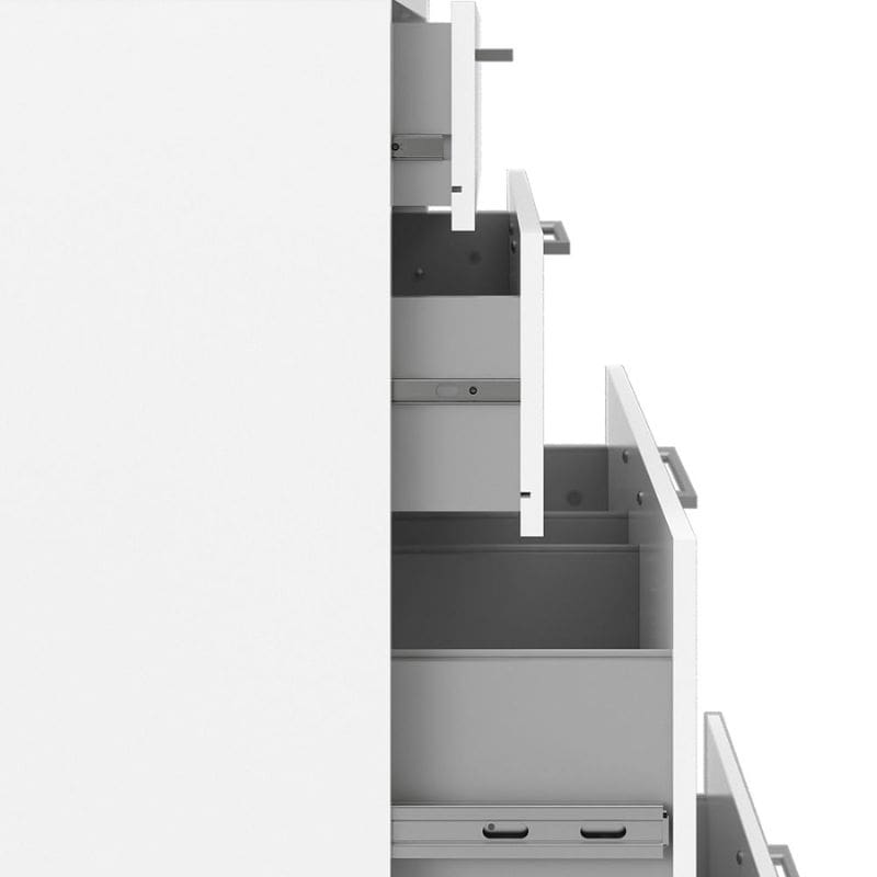 white storage unit with open shelves and drawers on a white background