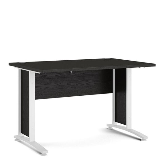 Black office desk with white legs on a white background